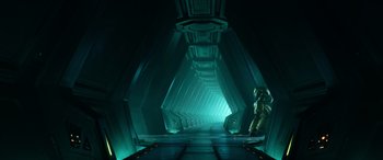 Movie still from “Lightyear” (2022), directed by Angus MacLane – An image of an empty space ship in the dark; Extreme Wide shot, High angle
