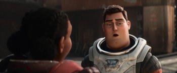 Movie still from “Lightyear” (2022), directed by Angus MacLane – An image of an animated character talking to another character; Close Up shot, Over the shoulder angle
