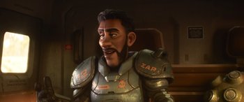 Movie still from “Lightyear” (2022), directed by Angus MacLane – An animated man with a beard is wearing armor; Close Up shot, Low angle