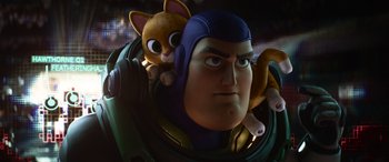 Movie still from “Lightyear” (2022), directed by Angus MacLane – A toy character with a cat on his shoulder; Close Up shot, Low angle
