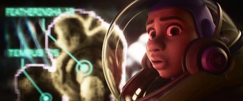 Movie still from “Lightyear” (2022), directed by Angus MacLane – An image of an animated character in a space suit; Close Up shot, Over the shoulder angle