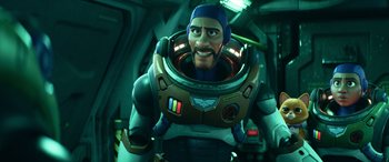 Movie still from “Lightyear” (2022), directed by Angus MacLane – An image of an animated character in a space suit; Medium shot, Over the shoulder angle