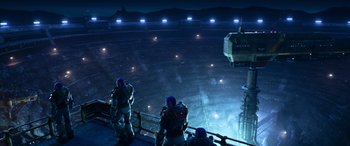 Movie still from “Lightyear” (2022), directed by Angus MacLane – A group of people standing on top of a building; Extreme Wide shot, High angle