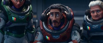Movie still from “Lightyear” (2022), directed by Angus MacLane – An image of an animated character in a space suit; Close Up shot, Over the shoulder angle