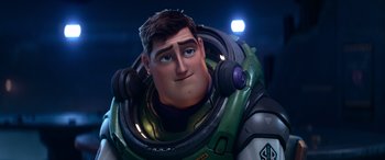 Movie still from “Lightyear” (2022), directed by Angus MacLane – An image of an animated character in a space suit; Close Up shot, Low angle