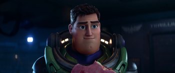 Movie still from “Lightyear” (2022), directed by Angus MacLane – The head and shoulders of a cartoon character; Close Up shot, Low angle
