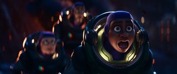 Movie still from “Lightyear” (2022), directed by Angus MacLane – A group of people in space suits in the dark; Close Up shot, Low angle