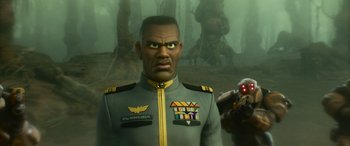 Movie still from “Lightyear” (2022), directed by Angus MacLane – An image of a man in a military uniform; Close Up shot, Low angle