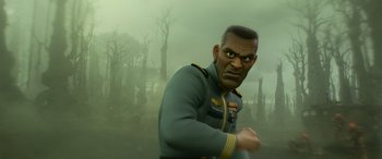 Movie still from “Lightyear” (2022), directed by Angus MacLane – An image of a man in a military uniform; Medium shot, Low angle