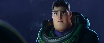 Movie still from “Lightyear” (2022), directed by Angus MacLane – An image of an animated character in a space suit; Close Up shot, Low angle