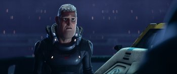 Movie still from “Lightyear” (2022), directed by Angus MacLane – A man in a space suit is standing next to a boat; Close Up shot, Over the shoulder angle