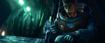 Movie still from “Lightyear” (2022), directed by Angus MacLane – An image of a man in a space suit; Medium shot, Over the shoulder angle