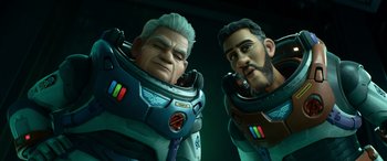 Movie still from “Lightyear” (2022), directed by Angus MacLane – A couple of men standing next to each other; Close Up shot, Low angle