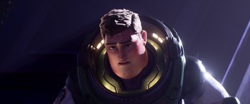 Movie still from “Lightyear” (2022), directed by Angus MacLane – A man's face in a space suit; Close Up shot, Low angle