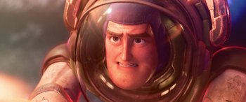 Movie still from “Lightyear” (2022), directed by Angus MacLane – A person's face in a space helmet; Close Up shot, Over the shoulder angle