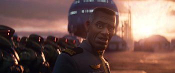 Movie still from “Lightyear” (2022), directed by Angus MacLane – An image of an animated character in a military uniform; Close Up shot, Over the shoulder angle