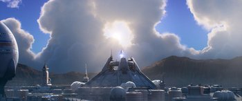 Movie still from “Lightyear” (2022), directed by Angus MacLane – An image of a space ship coming out of the clouds; Extreme Wide shot, Low angle