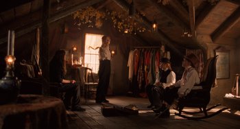 Movie still from “Little Women” (2019), directed by Greta Gerwig – A group of people sitting around in a room; Wide shot, Over the shoulder angle