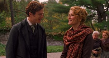 Movie still from “Little Women” (2019), directed by Greta Gerwig – A man and a woman standing next to each other outside; Medium shot, Over the shoulder angle
