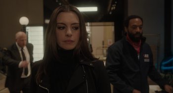 Movie still from “Locked Down” (2021), directed by Doug Liman – A woman in a black jacket and a man in a black jacket; Close Up shot, Over the shoulder angle