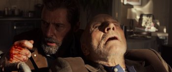Movie still from “Logan” (2017), directed by James Mangold – A man with a beard and a man with a beard and a man with a beard and a man with a beard and a man with a beard; Close Up shot, Low angle