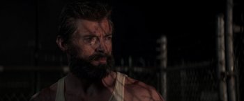 Movie still from “Logan” (2017), directed by James Mangold – A person with a beard; Close Up shot, Low angle