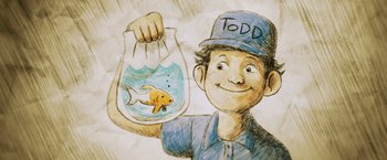 Movie still from “Love and Monsters” (2020), directed by Michael Matthews – A drawing of a man holding a bag of goldfish; Extreme Close Up shot, Overhead angle