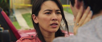 Movie still from “Love and Monsters” (2020), directed by Michael Matthews – A person wearing a red jacket; Close Up shot, Over the shoulder angle