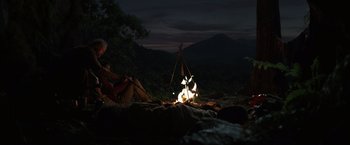 Movie still from “Love and Monsters” (2020), directed by Michael Matthews – A group of people sitting around a campfire at night; Extreme Wide shot, High angle