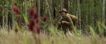 Movie still from “Love and Monsters” (2020), directed by Michael Matthews – A man in a hat is walking through the woods; Wide shot, Over the shoulder angle