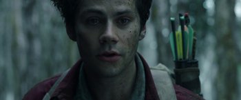 Movie still from “Love and Monsters” (2020), directed by Michael Matthews – A person wearing a jacket; Close Up shot, Low angle