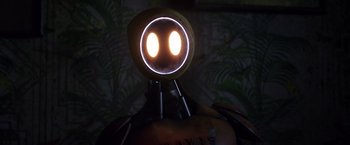 Movie still from “Love and Monsters” (2020), directed by Michael Matthews – The eyes of a robot; Extreme Close Up shot, Overhead angle