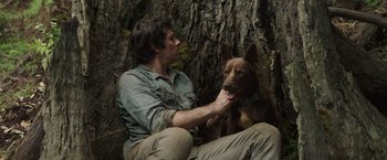 Movie still from “Love and Monsters” (2020), directed by Michael Matthews – A man and a dog sitting next to a tree; Close Up shot, High angle