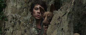Movie still from “Love and Monsters” (2020), directed by Michael Matthews – A man and a dog in the woods; Close Up shot, Low angle