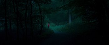 Movie still from “Loving Adults” (2022), directed by Barbara Topsøe-Rothenborg – A person walking in the dark in the woods; Extreme Wide shot, High angle