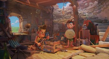 Movie still from “Luca” (2021), directed by Enrico Casarosa – A painting of two people in a room; Wide shot, High angle