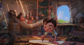 Movie still from “Luca” (2021), directed by Enrico Casarosa – An animated scene of a boy writing on a piece of paper; Wide shot, High angle