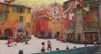 Movie still from “Luca” (2021), directed by Enrico Casarosa – A painting of a street scene with people sitting on the sidewalk; Extreme Wide shot, High angle