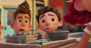 Movie still from “Luca” (2021), directed by Enrico Casarosa – Two cartoon characters are looking at each other; Close Up shot, Over the shoulder angle