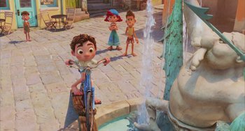 Movie still from “Luca” (2021), directed by Enrico Casarosa – A group of kids standing next to each other on a sidewalk; Wide shot, High angle