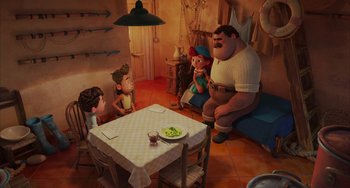 Movie still from “Luca” (2021), directed by Enrico Casarosa – A group of people sitting around a table with food; Wide shot, High angle