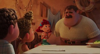 Movie still from “Luca” (2021), directed by Enrico Casarosa – A group of people standing around a table; Medium shot, Over the shoulder angle