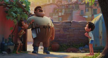 Movie still from “Luca” (2021), directed by Enrico Casarosa – An animated picture of a man holding a pair of scissors; Wide shot, Low angle