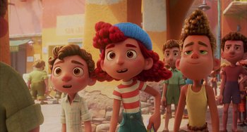 Movie still from “Luca” (2021), directed by Enrico Casarosa – A group of children standing next to each other; Medium shot, Low angle