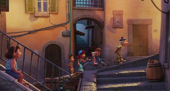 Movie still from “Luca” (2021), directed by Enrico Casarosa – A group of people standing on steps in front of a building; Extreme Wide shot, High angle