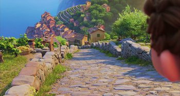 Movie still from “Luca” (2021), directed by Enrico Casarosa – A stone path leading up to a house on a hillside; Extreme Wide shot, High angle