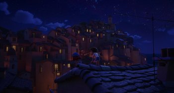 Movie still from “Luca” (2021), directed by Enrico Casarosa – An image of an animated scene of a town at night; Extreme Wide shot, Low angle