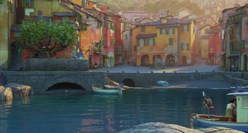 Movie still from “Luca” (2021), directed by Enrico Casarosa – A small boat floating on a body of water; Extreme Wide shot, High angle