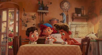 Movie still from “Luca” (2021), directed by Enrico Casarosa – A group of people sitting around a table; Medium shot, High angle