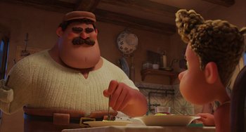 Movie still from “Luca” (2021), directed by Enrico Casarosa – A man sitting at a dinner table with a woman; Medium shot, Over the shoulder angle